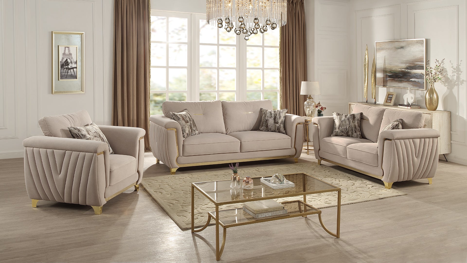 Leena Contemporary Style Upholstery Chair Made with Wood in Gold accent & Beige