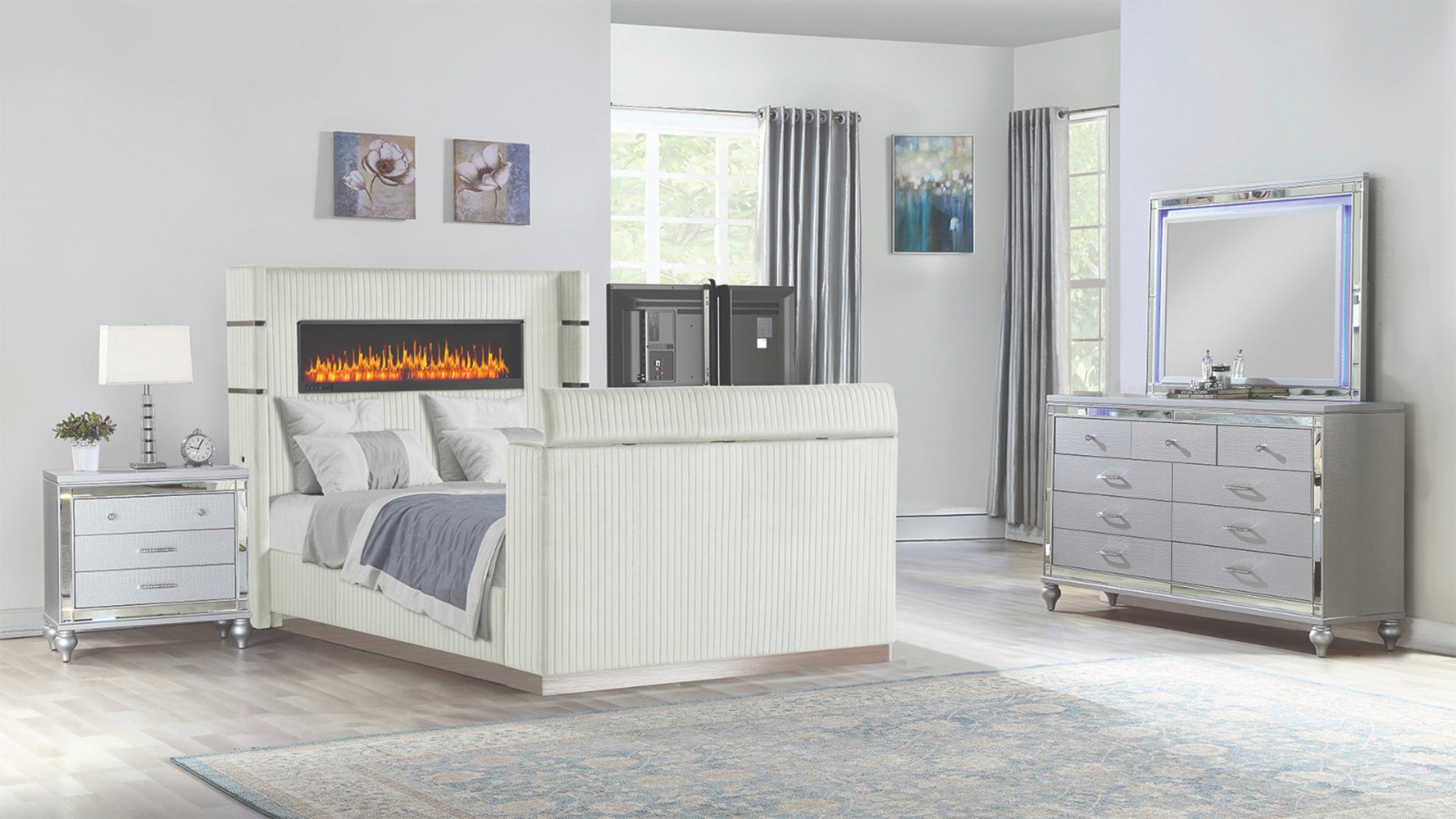Lavish Modern Style 4 Pc King Bedroom Set Made with Fireplace in Headboard & TV stand in Footboard with Wood in Beige(NJ INVENTORY)