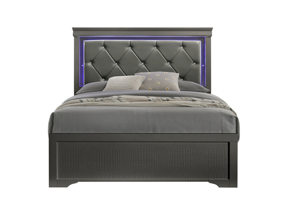 Blaze Upholstered Modern Style King Bed Made with LED Headboard & Wood in Metallic Gray (CA Inventory)