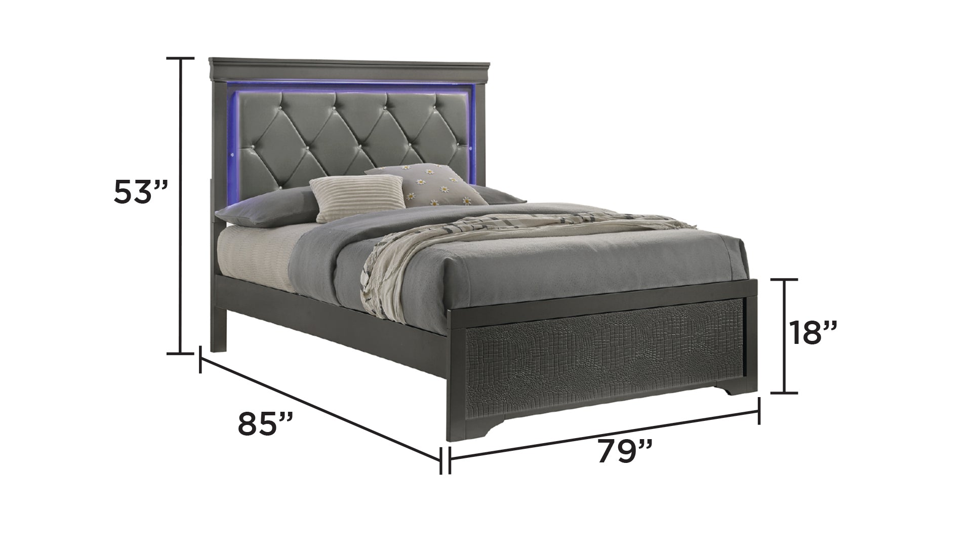 Blaze Upholstered Modern Style King Bed Made with LED Headboard & Wood in Metallic Gray (CA Inventory)