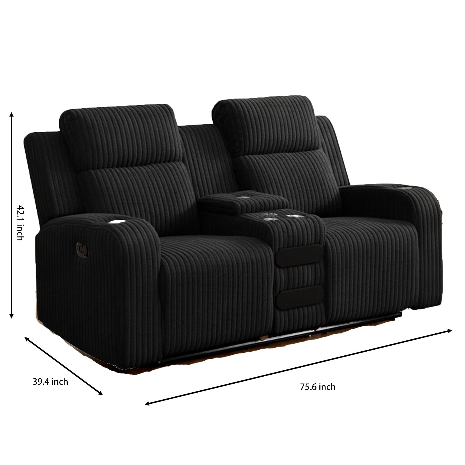 Recliner Sofa Couch 2 Seat, Manual Recliner Corduroy, Cup Holders, Music Speaker, Wireless Charging Phone, Reclining Couch for Living Room, Black