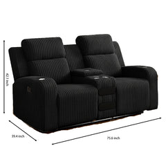Recliner Sofa Couch 2 Seat, Manual Recliner Corduroy, Cup Holders, Music Speaker, Wireless Charging Phone, Reclining Couch for Living Room, Black