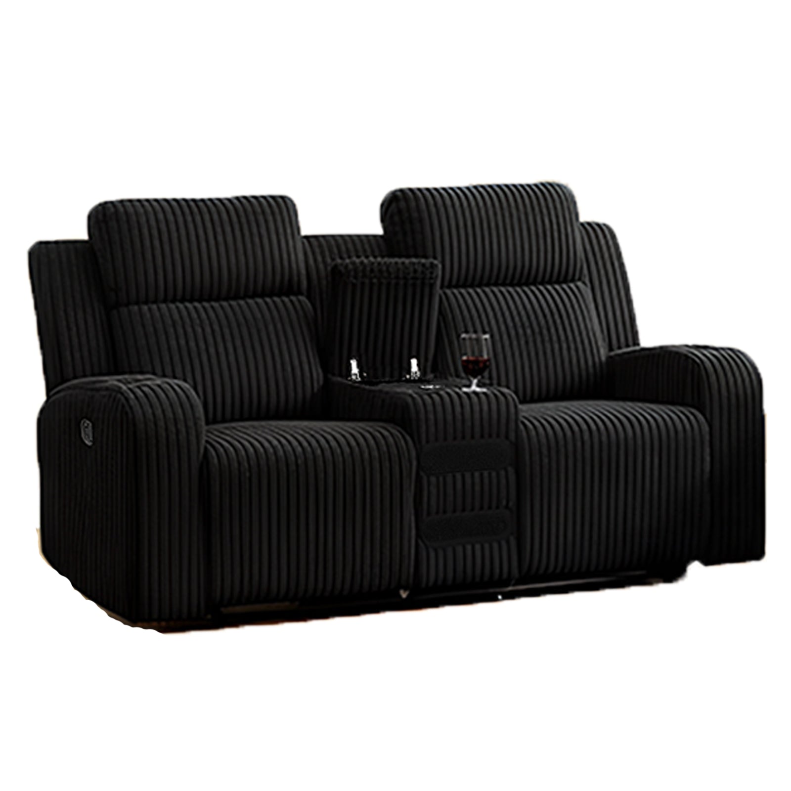 Recliner Sofa Couch 2 Seat, Manual Recliner Corduroy, Cup Holders, Music Speaker, Wireless Charging Phone, Reclining Couch for Living Room, Black