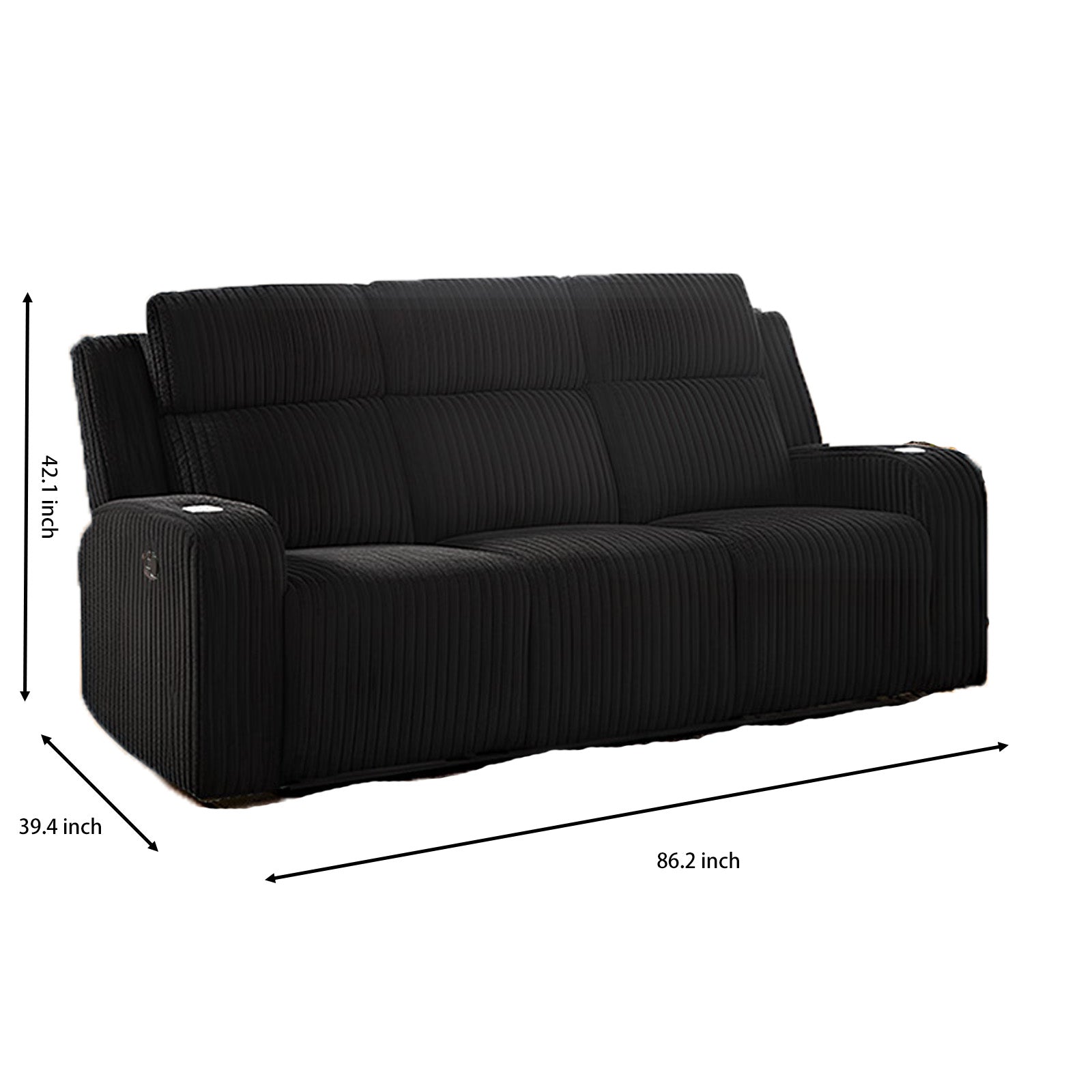 Recliner Sofa Couch 3-Seater, Manual Recliner Corduroy, Cup Holders, Flipped Middle Backrest, Wireless Charging Phone,USB Charging Port, Reclining Couch for Living Room Black
