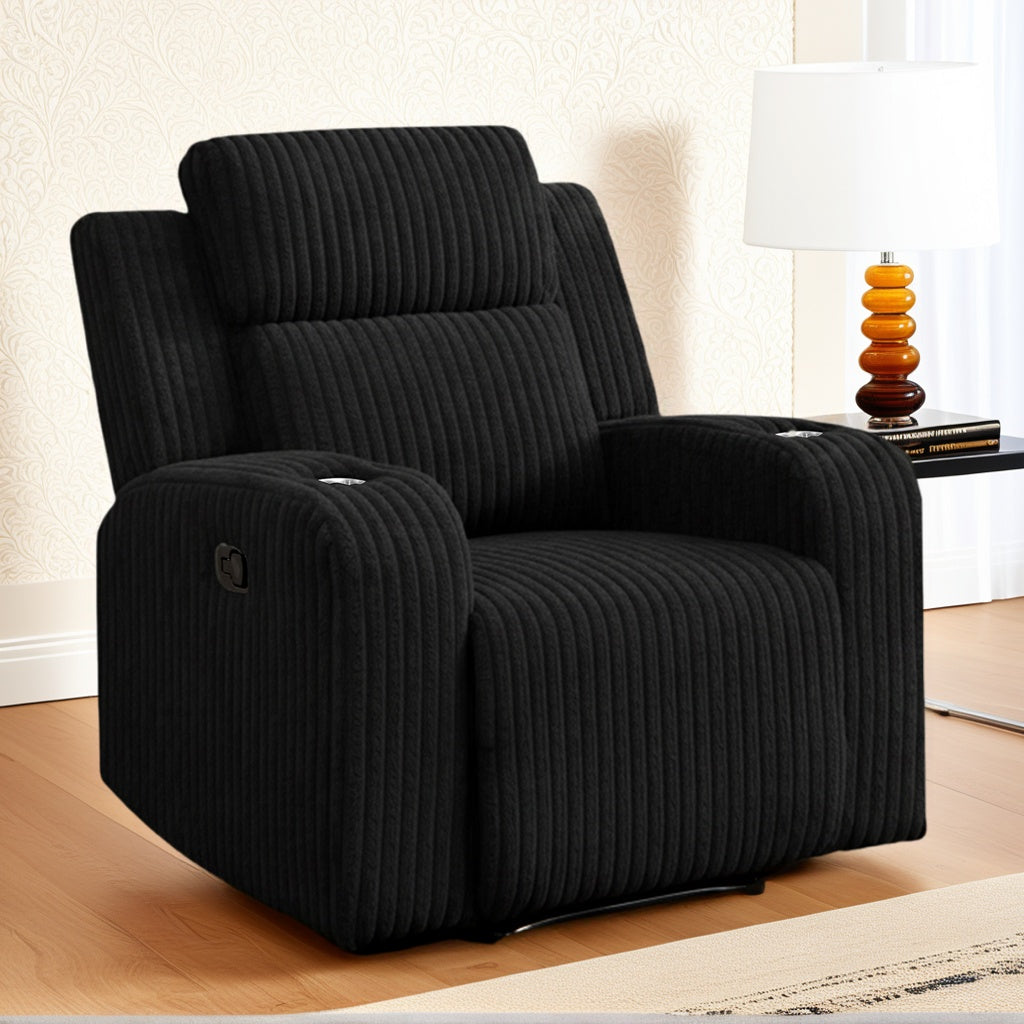 Recliner Sofa Set 1+2+3 Seat, Manual Recliner Corduroy, Flipped Middle Backrest, Music Speaker, USB Charging Port, Wireless Charging Phone, Cup Holders, Reclining Couch for Living Room Black