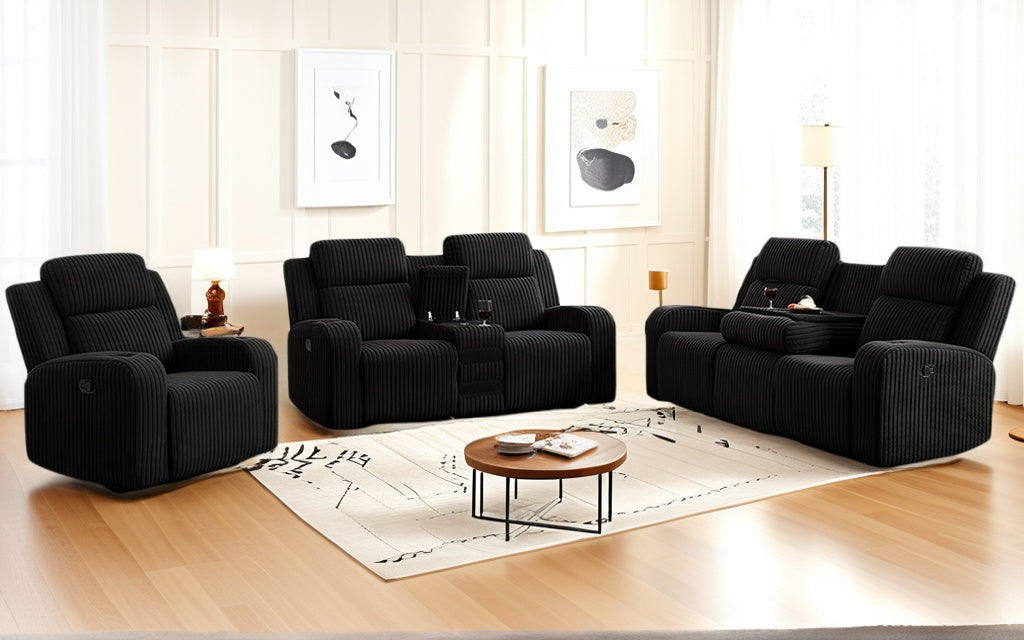 Recliner Sofa Set 1+2+3 Seat, Manual Recliner Corduroy, Flipped Middle Backrest, Music Speaker, USB Charging Port, Wireless Charging Phone, Cup Holders, Reclining Couch for Living Room Black