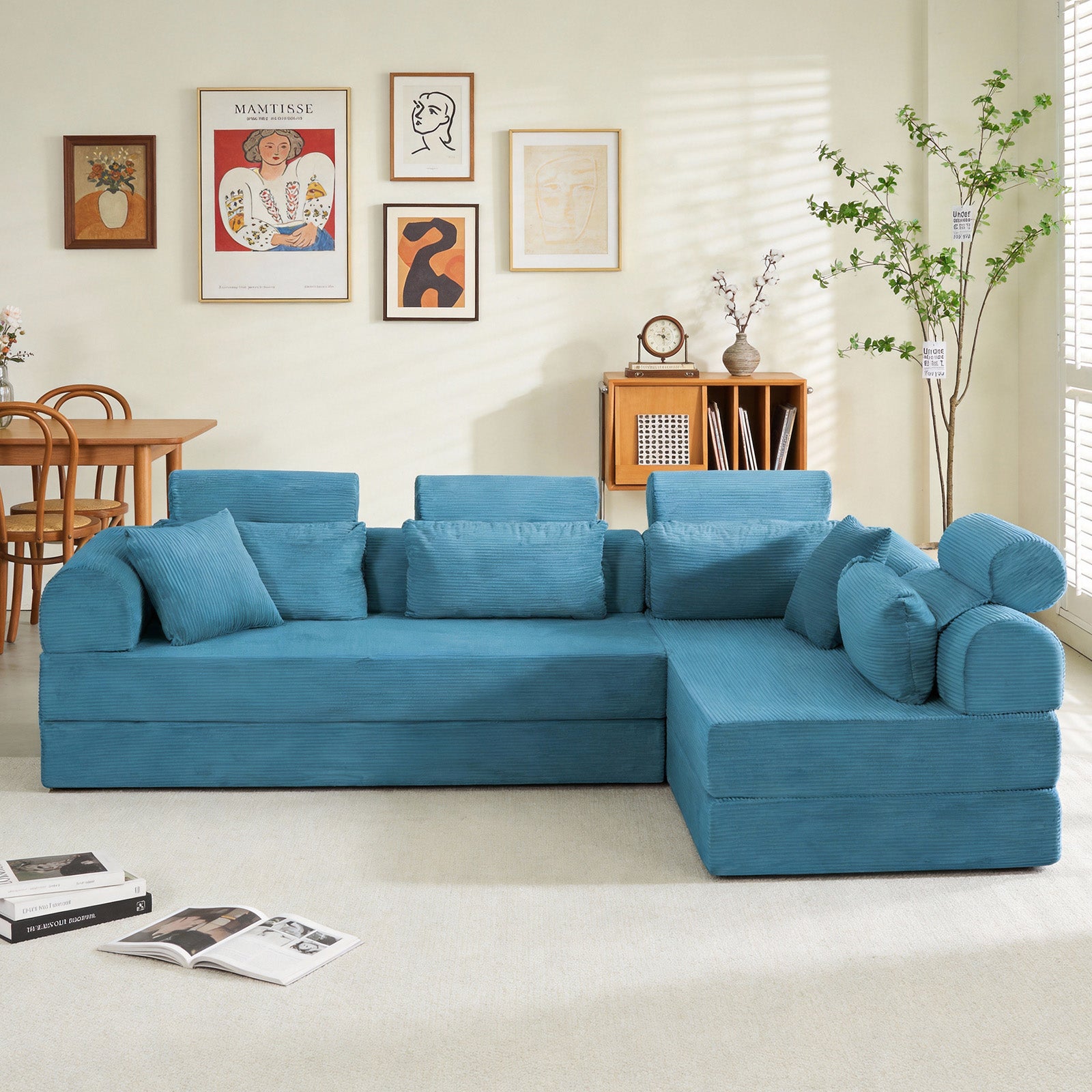 L shape Modular Sectional Sofa, Compressed Sectional Sofa Modern Minimalist Style Corduroy Couch,Unfold into a bed, Bedroom, Comfy Compressed Sofa Couch Space-Efficient Design(Azure)