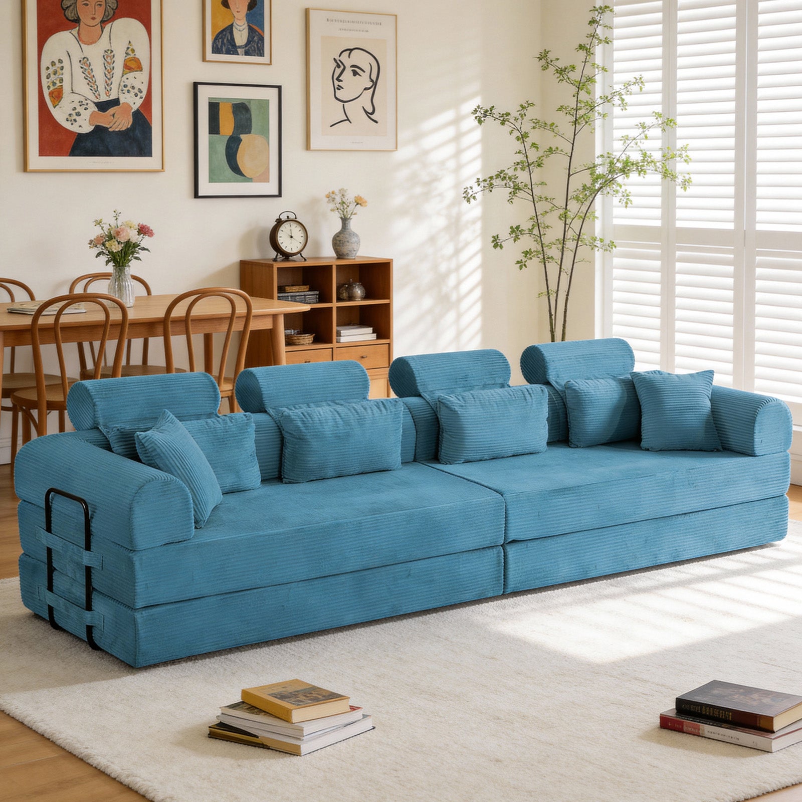 L shape Modular Sectional Sofa, Compressed Sectional Sofa Modern Minimalist Style Corduroy Couch,Unfold into a bed, Bedroom, Comfy Compressed Sofa Couch Space-Efficient Design(Azure)