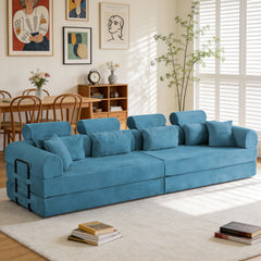 L shape Modular Sectional Sofa, Compressed Sectional Sofa Modern Minimalist Style Corduroy Couch,Unfold into a bed, Bedroom, Comfy Compressed Sofa Couch Space-Efficient Design(Azure)
