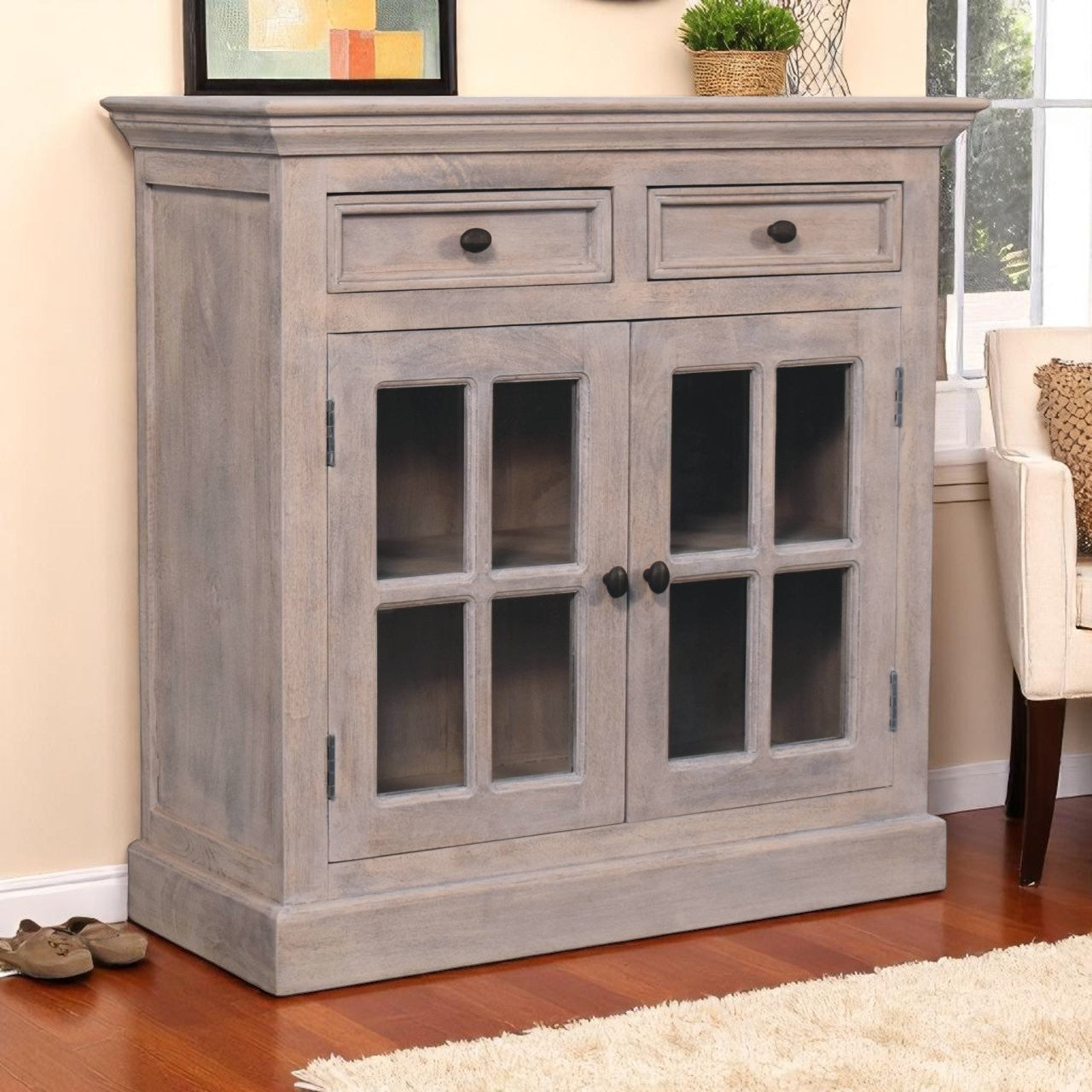 Solid Wood Stone Finish Cabinet with Glazed Doors, 2-Drawers, 2 Open Shelves, Gray Wash