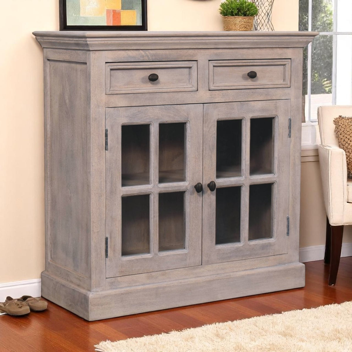 Solid Wood Stone Finish Cabinet with Glazed Doors, 2-Drawers, 2 Open Shelves, Gray Wash