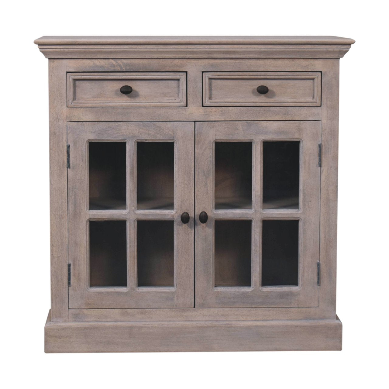 Solid Wood Stone Finish Cabinet with Glazed Doors, 2-Drawers, 2 Open Shelves, Gray Wash