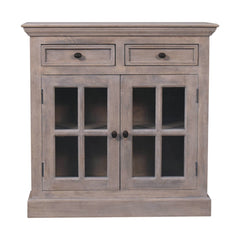 Solid Wood Stone Finish Cabinet with Glazed Doors, 2-Drawers, 2 Open Shelves, Gray Wash