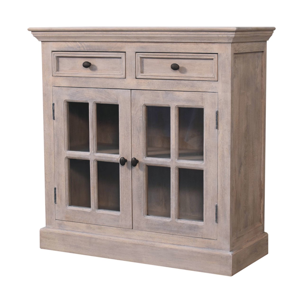 Solid Wood Stone Finish Cabinet with Glazed Doors, 2-Drawers, 2 Open Shelves, Gray Wash