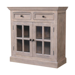 Solid Wood Stone Finish Cabinet with Glazed Doors, 2-Drawers, 2 Open Shelves, Gray Wash