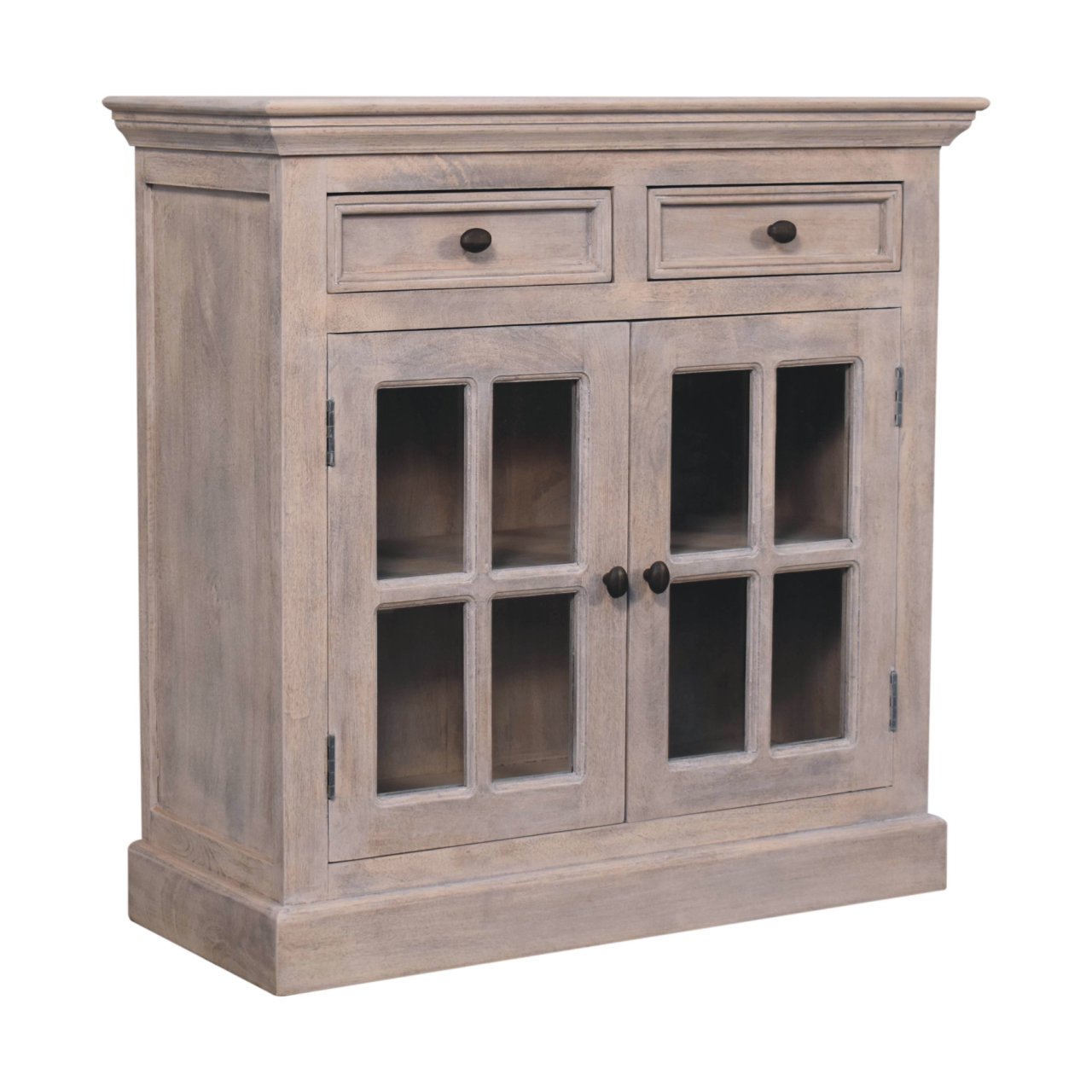 Solid Wood Stone Finish Cabinet with Glazed Doors, 2-Drawers, 2 Open Shelves, Gray Wash