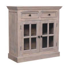 Solid Wood Stone Finish Cabinet with Glazed Doors, 2-Drawers, 2 Open Shelves, Gray Wash