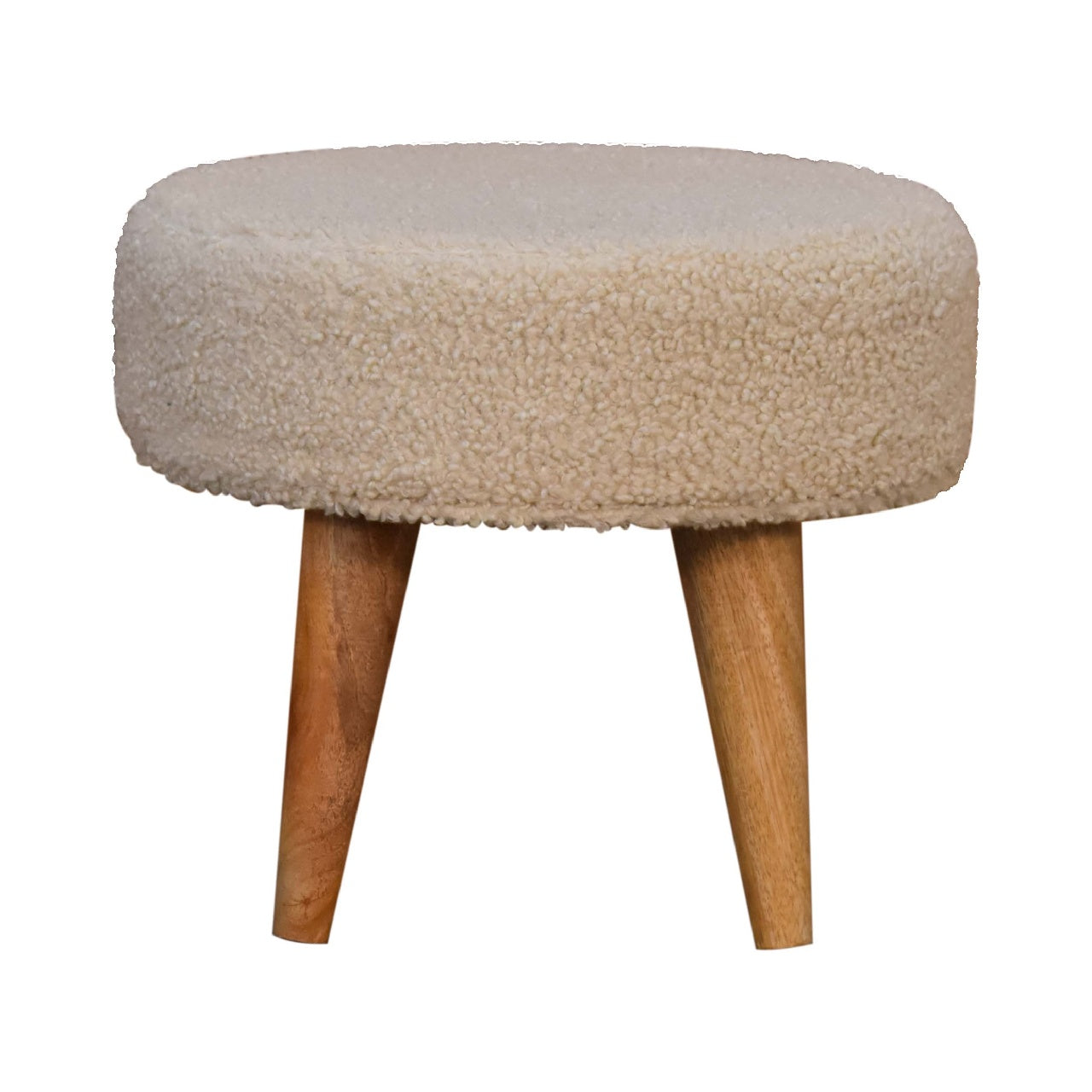 Solid wood Boucle Petite Footstool, Nordic Legs, Upholstered, Beige and Light Brown