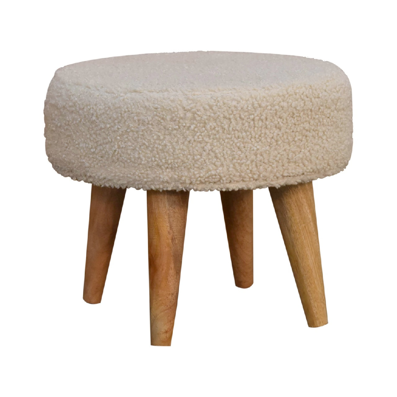 Solid wood Boucle Petite Footstool, Nordic Legs, Upholstered, Beige and Light Brown