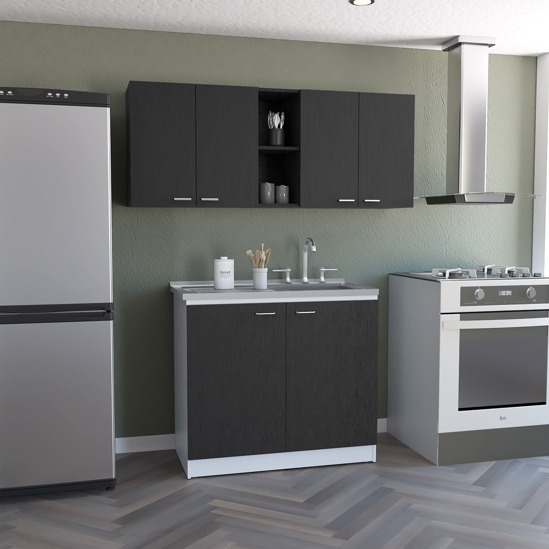2 Piece Kitchen Set, Olimpo 150 Wall Cabinet  + Salento Utility Sink With Cabinet, Black / White