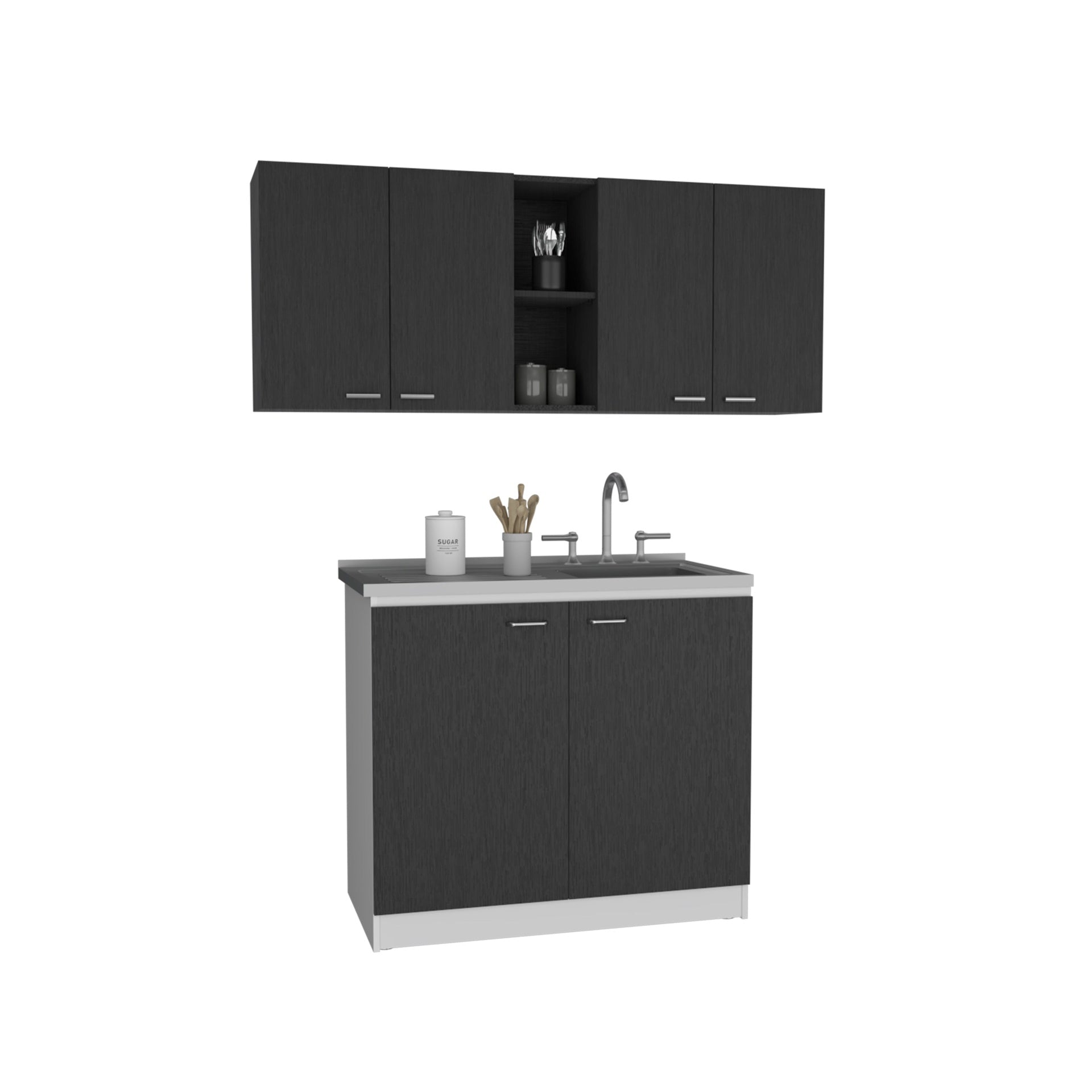 2 Piece Kitchen Set, Olimpo 150 Wall Cabinet  + Salento Utility Sink With Cabinet, Black / White