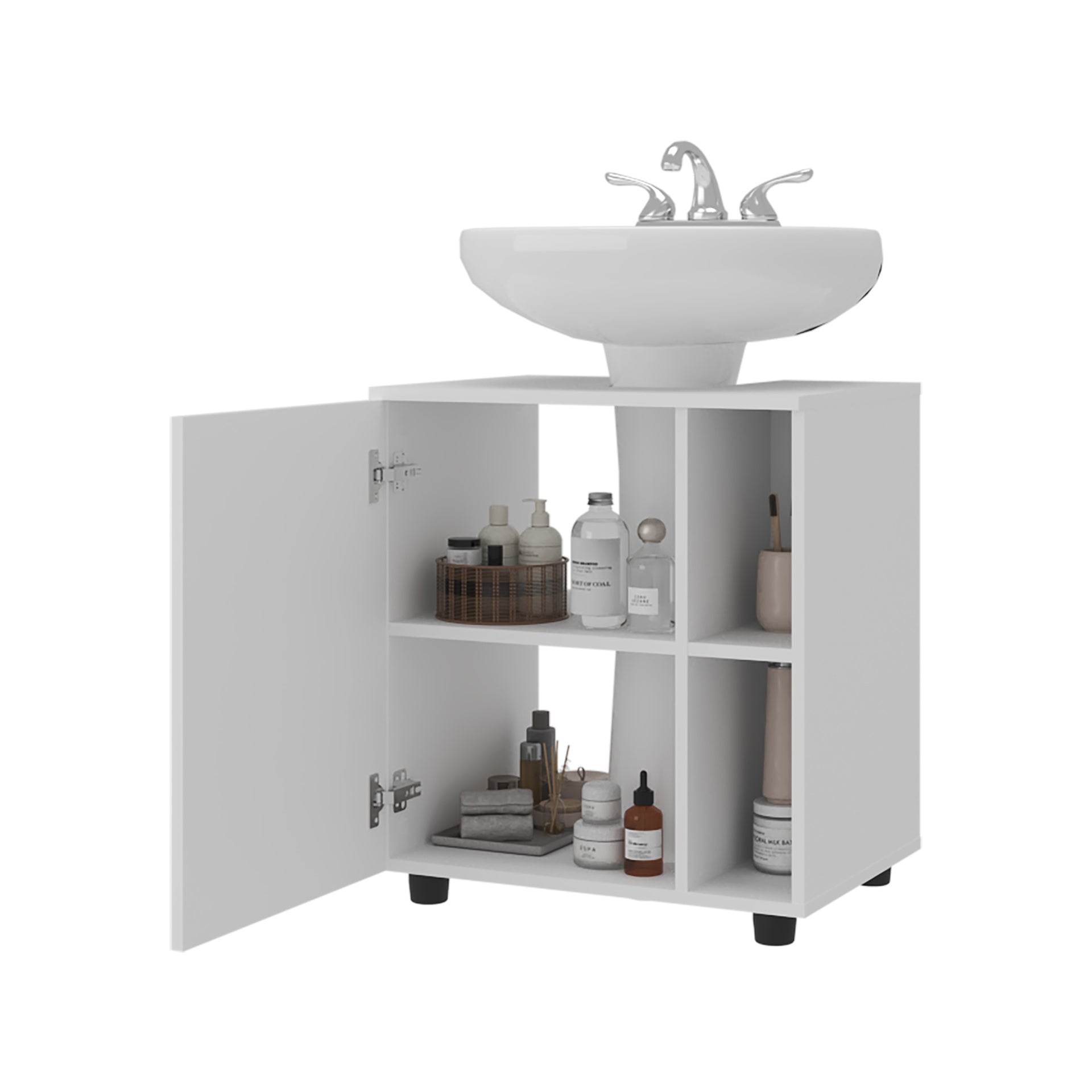 Storage Cabinet 24.4" H, 1 Door, 4 Shelves, 2 Legs, White - Bathroom