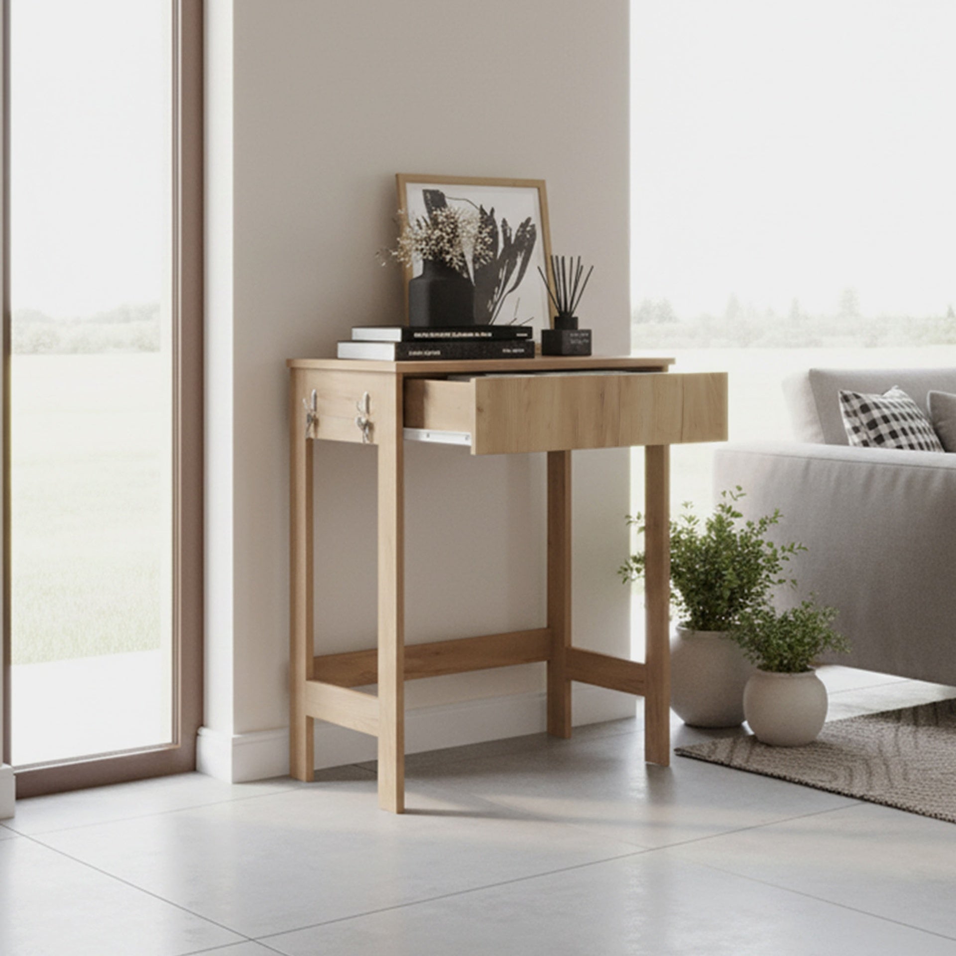 Computer Desk, 1 Drawer, 4 Legs, Natural Oak