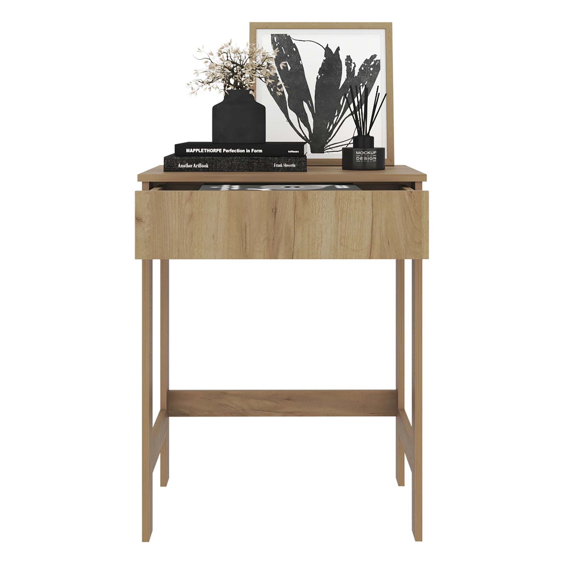Computer Desk, 1 Drawer, 4 Legs, Natural Oak