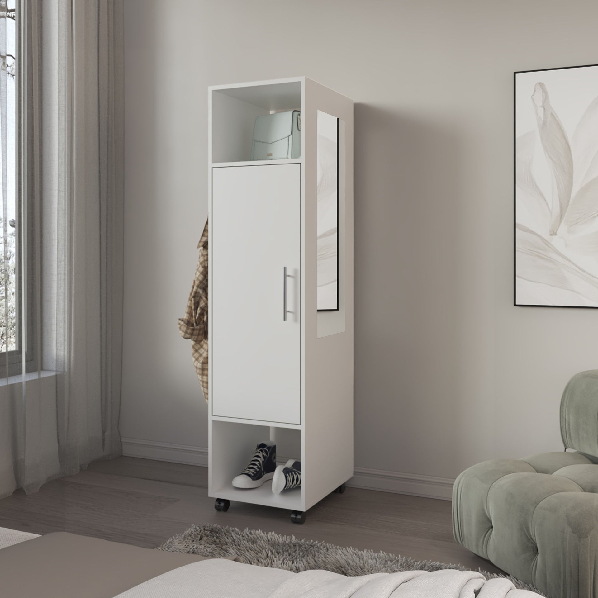 Armoire 62.9"H, with 1 Door, 3 Shelves, and Full-Length Mirror, White