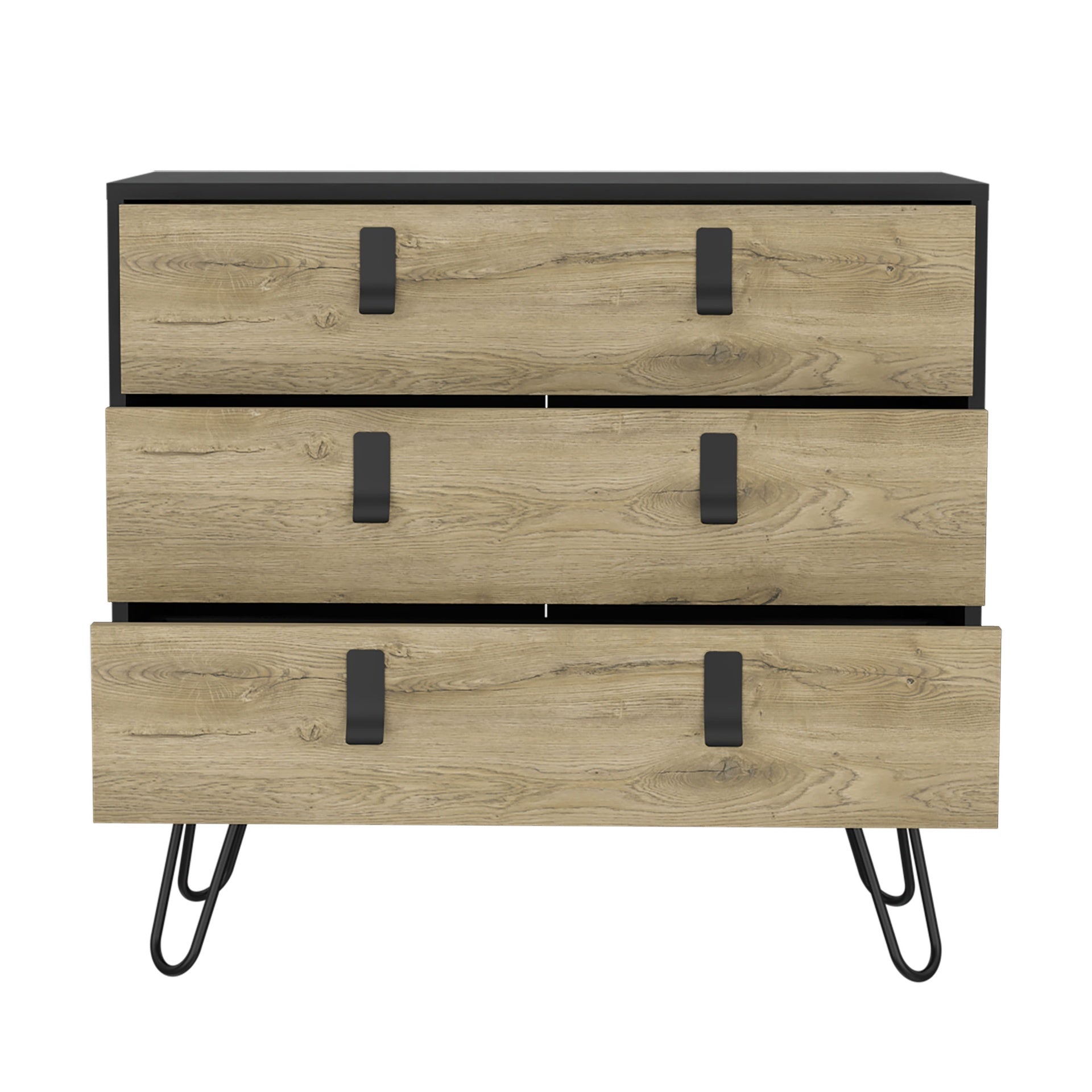 Dresser 29" H, 3-Drawer organiser, Modern Chest of Drawers with Hairpin Legs and Metal Accents, Black / Macadamia