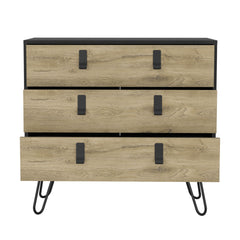 Dresser 29" H, 3-Drawer organiser, Modern Chest of Drawers with Hairpin Legs and Metal Accents, Black / Macadamia