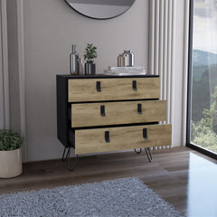 Dresser 29" H, 3-Drawer organiser, Modern Chest of Drawers with Hairpin Legs and Metal Accents, Black / Macadamia