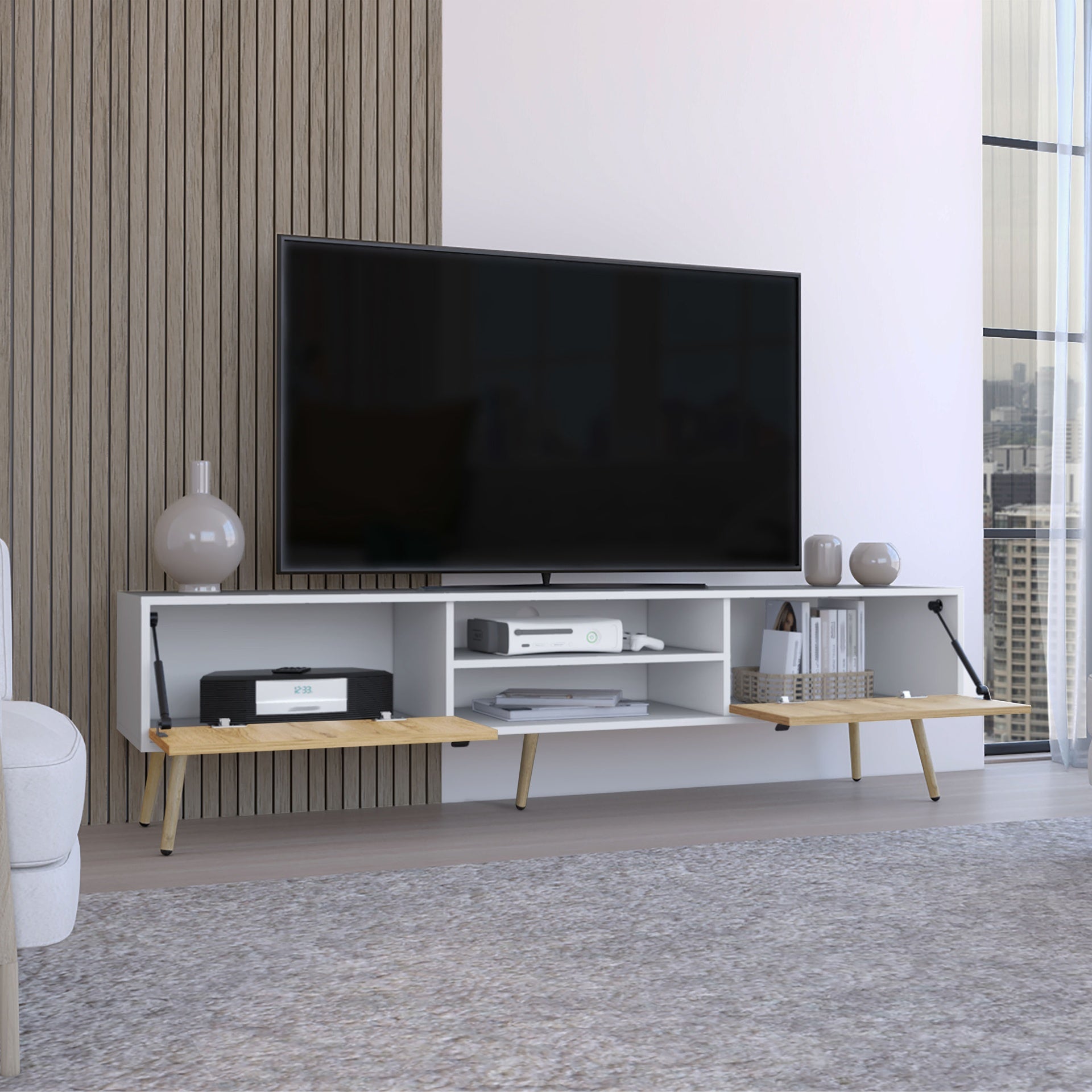 Toka TV Rack with 2 Hinged Doors and Central Shelves, White/Macadamia