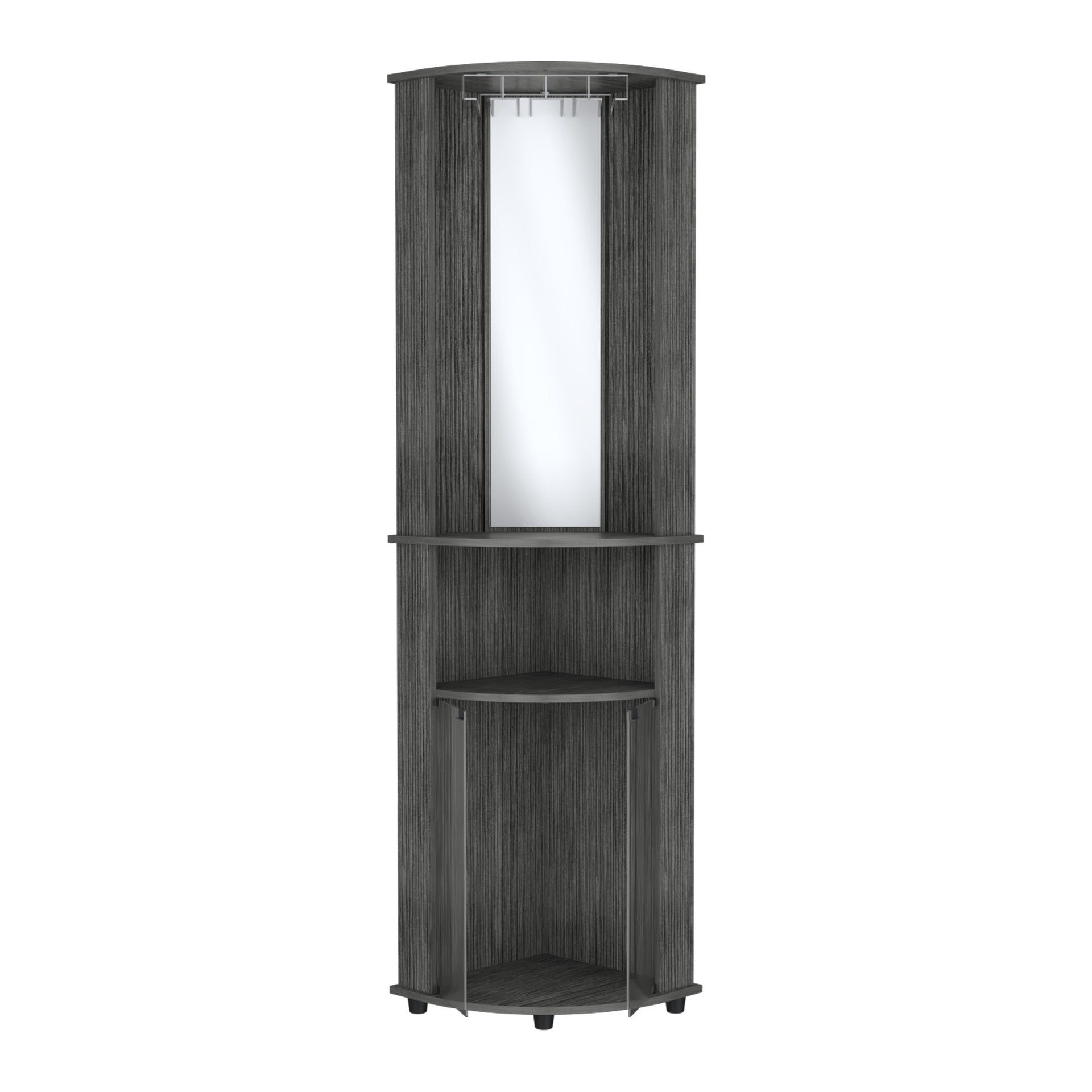 Nashville Corner Bar Cabinet Unit with Wine Glass Rack and Lower Cabinet, Smokey Oak