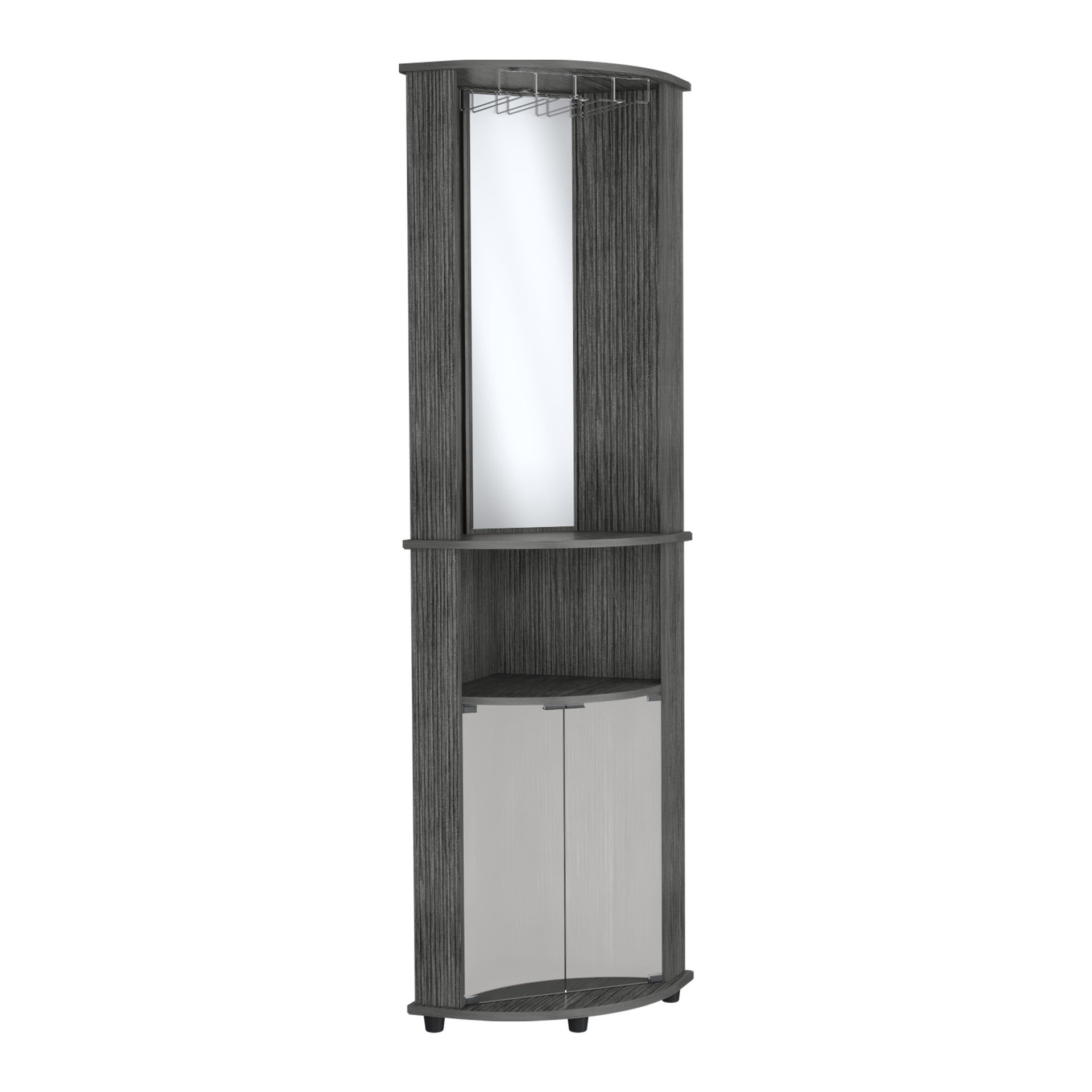 Nashville Corner Bar Cabinet Unit with Wine Glass Rack and Lower Cabinet, Smokey Oak