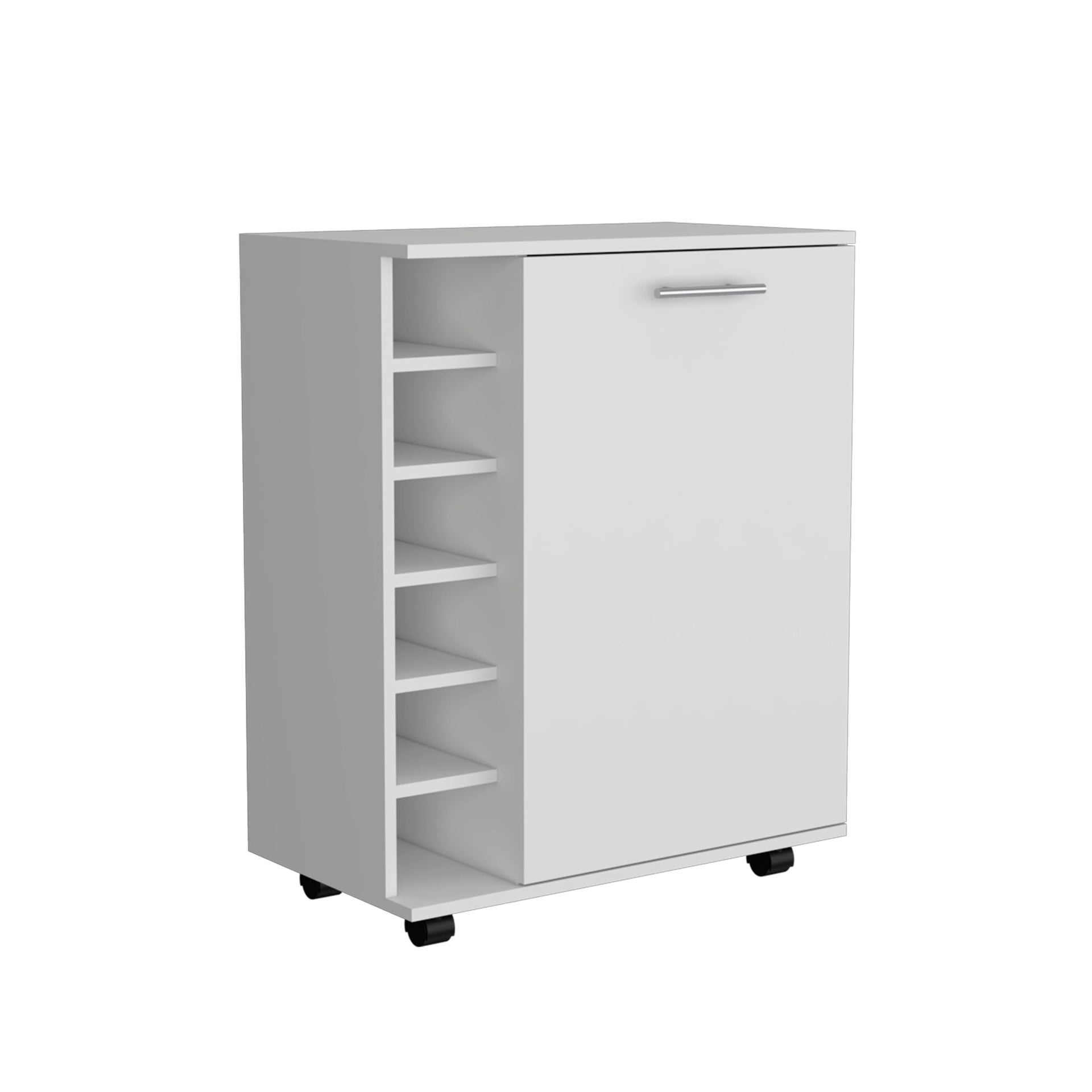Bar -coffee cart 32" H, Kitchen or living room cabinet storage with  4 wheels, with 6 bottle racks, a central shelf covered by 1 door, ideal for storing glasses and snacks, white