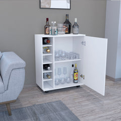 Bar -coffee cart 32" H, Kitchen or living room cabinet storage with  4 wheels, with 6 bottle racks, a central shelf covered by 1 door, ideal for storing glasses and snacks, white