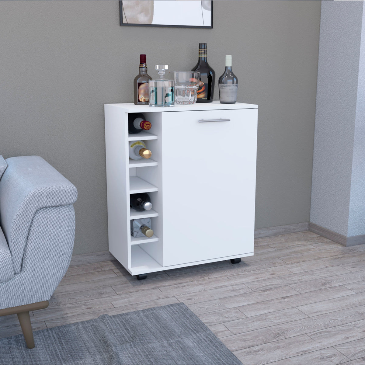 Bar -coffee cart 32" H, Kitchen or living room cabinet storage with  4 wheels, with 6 bottle racks, a central shelf covered by 1 door, ideal for storing glasses and snacks, white