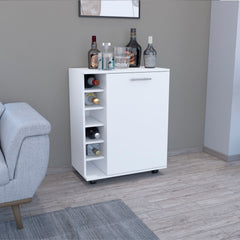 Bar -coffee cart 32" H, Kitchen or living room cabinet storage with  4 wheels, with 6 bottle racks, a central shelf covered by 1 door, ideal for storing glasses and snacks, white