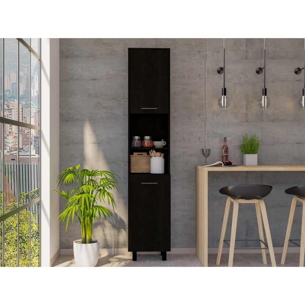 Kitchen Pantry 79" H, Two Open Storage Shelves, Three Internal Shelves, Two Doors, Four Legs, Black