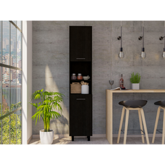 Kitchen Pantry 79" H, Two Open Storage Shelves, Three Internal Shelves, Two Doors, Four Legs, Black
