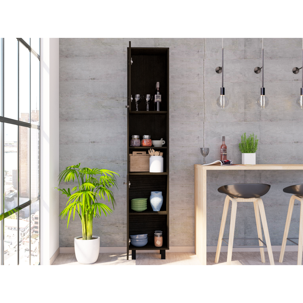Kitchen Pantry 79" H, Two Open Storage Shelves, Three Internal Shelves, Two Doors, Four Legs, Black