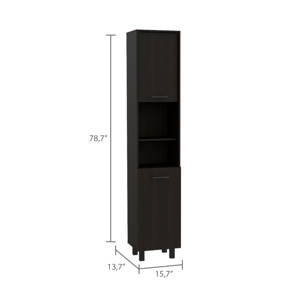 Kitchen Pantry 79" H, Two Open Storage Shelves, Three Internal Shelves, Two Doors, Four Legs, Black
