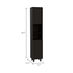 Kitchen Pantry 79" H, Two Open Storage Shelves, Three Internal Shelves, Two Doors, Four Legs, Black