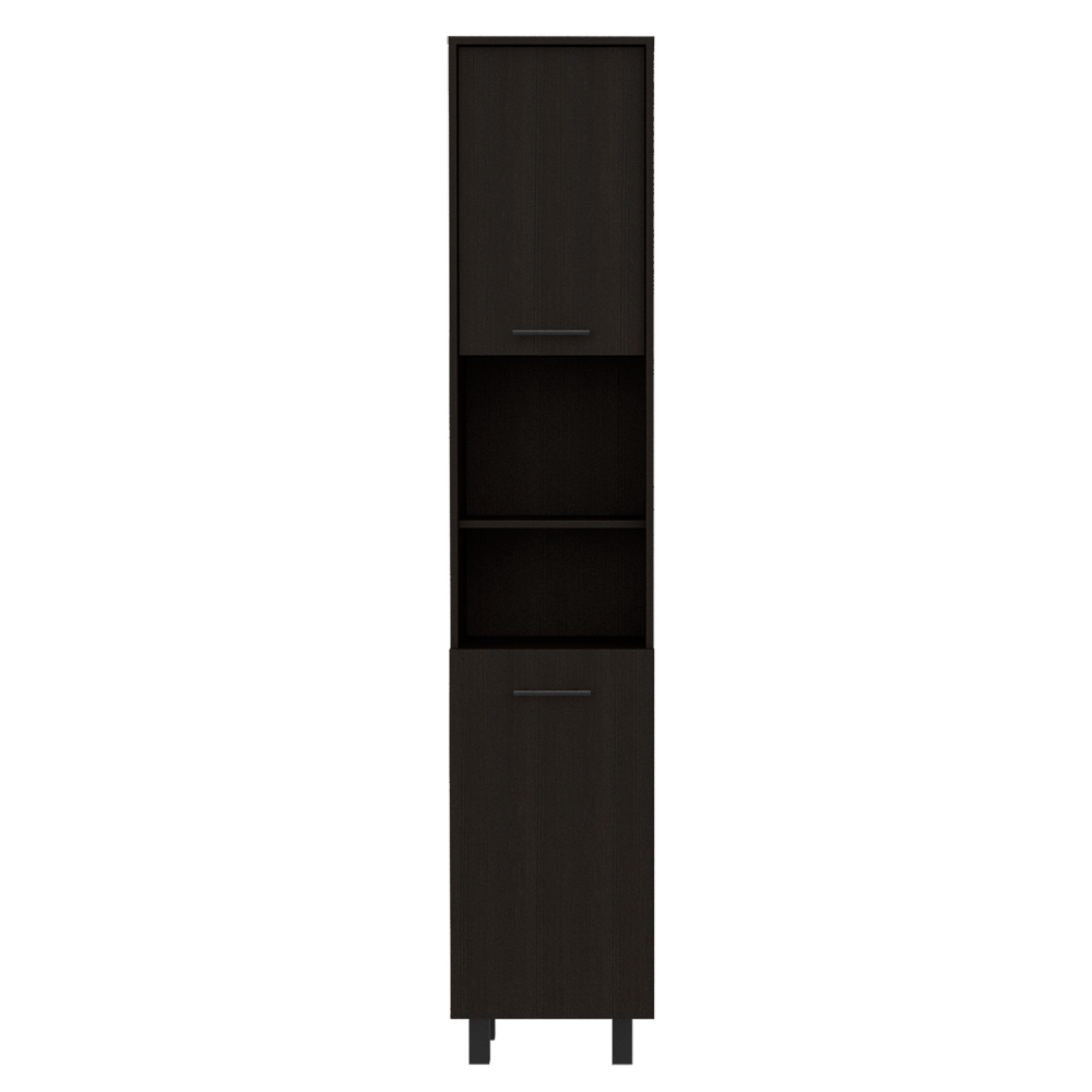 Kitchen Pantry 79" H, Two Open Storage Shelves, Three Internal Shelves, Two Doors, Four Legs, Black