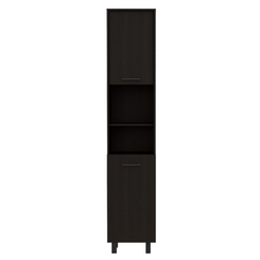 Kitchen Pantry 79" H, Two Open Storage Shelves, Three Internal Shelves, Two Doors, Four Legs, Black