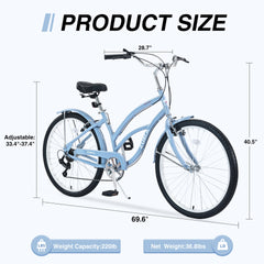 7 Speed Bicycles,  Multiple Colors 26"Inch  Beach Cruiser Bike