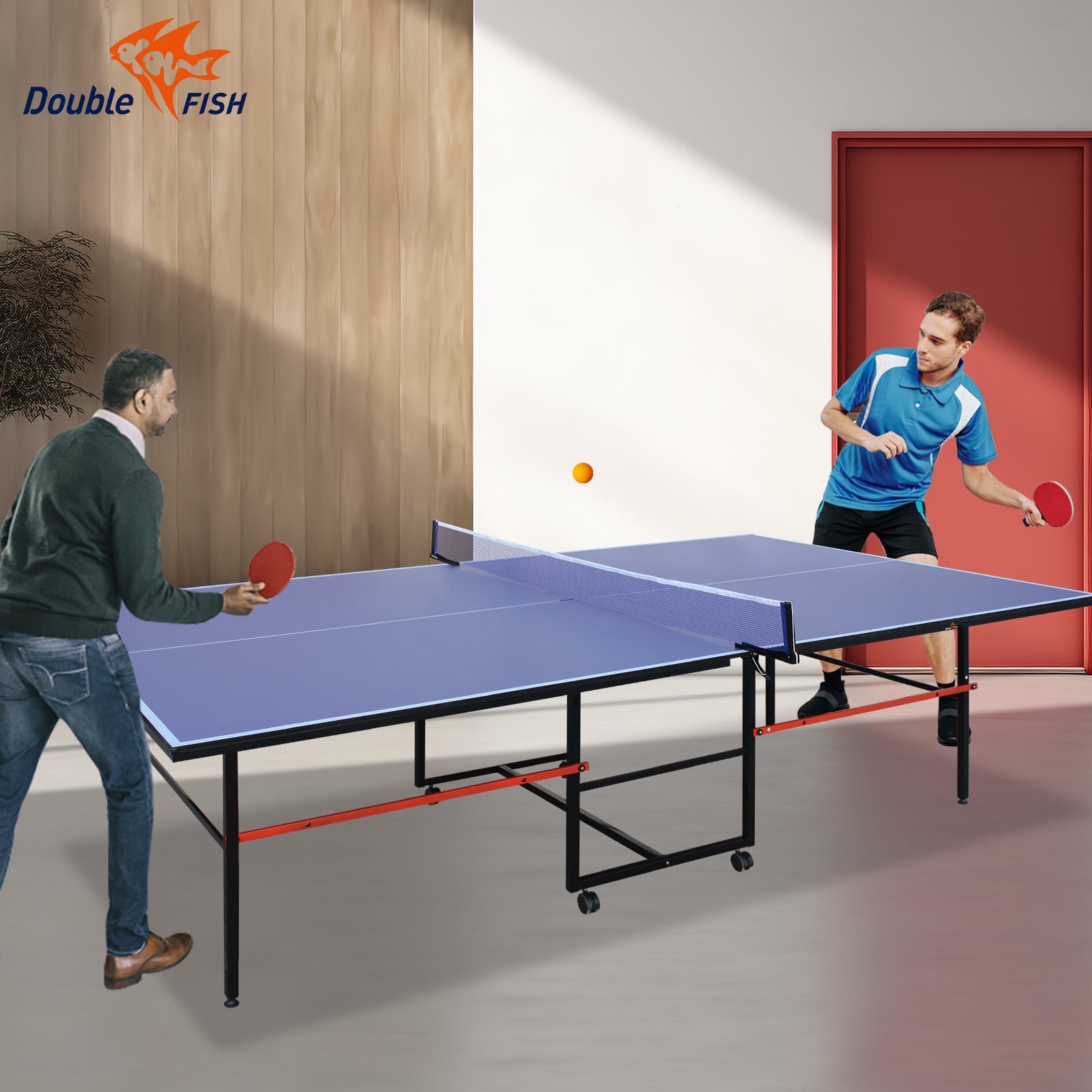 DOUBLE FISH [Folding Table Tennis]9 Ft Folding Regulation Table Tennis Table - 2 Paddles, 2 Balls, 1 Net And Post Set, BLUE, Fold-Up Design, 4 Wheels For Easy Movement