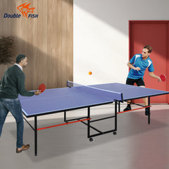 DOUBLE FISH [Folding Table Tennis]9 Ft Folding Regulation Table Tennis Table - 2 Paddles, 2 Balls, 1 Net And Post Set, BLUE, Fold-Up Design, 4 Wheels For Easy Movement