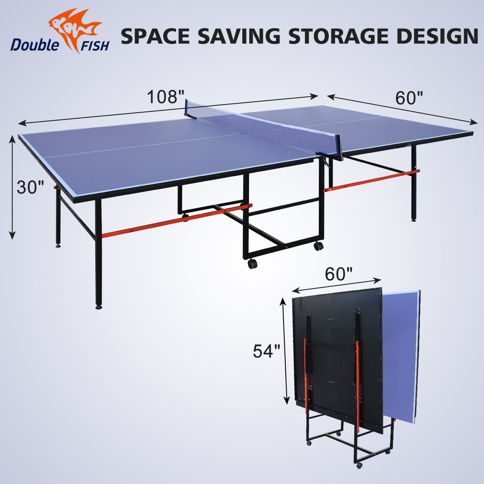 DOUBLE FISH [Folding Table Tennis]9 Ft Folding Regulation Table Tennis Table - 2 Paddles, 2 Balls, 1 Net And Post Set, BLUE, Fold-Up Design, 4 Wheels For Easy Movement